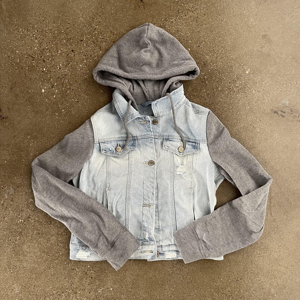 Hollister Jacket Womens Medium Blue Hooded Denim Knit Sleeves Gray Casual Hoodie
